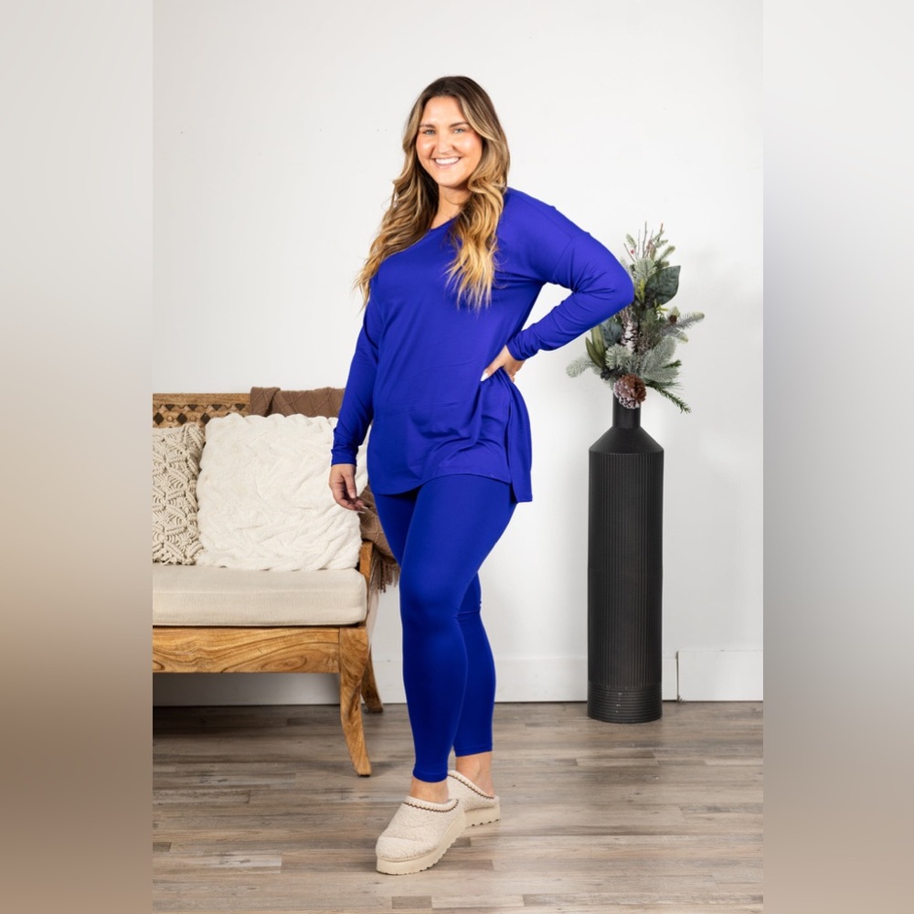 Zenana lounge all day crew long sleeve brushed microfiber set bright blue large